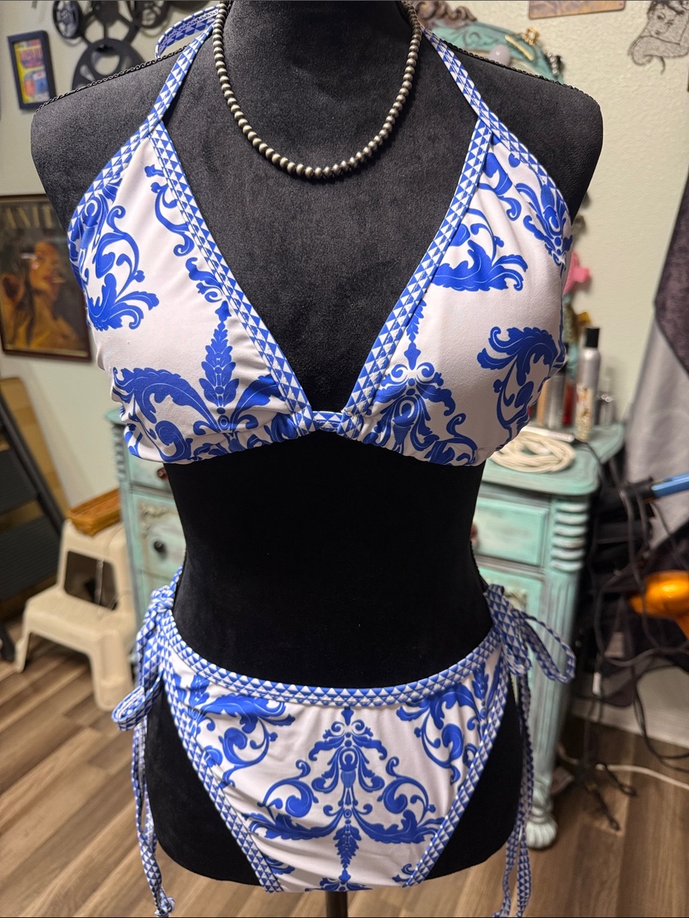 SHEIN Blue and White Printed Tie-Side Bikini